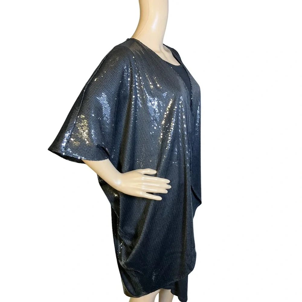 Women's Sequin‎ Kimono Cardigan Black Open Front Short Sleeve Elegant Glam XL